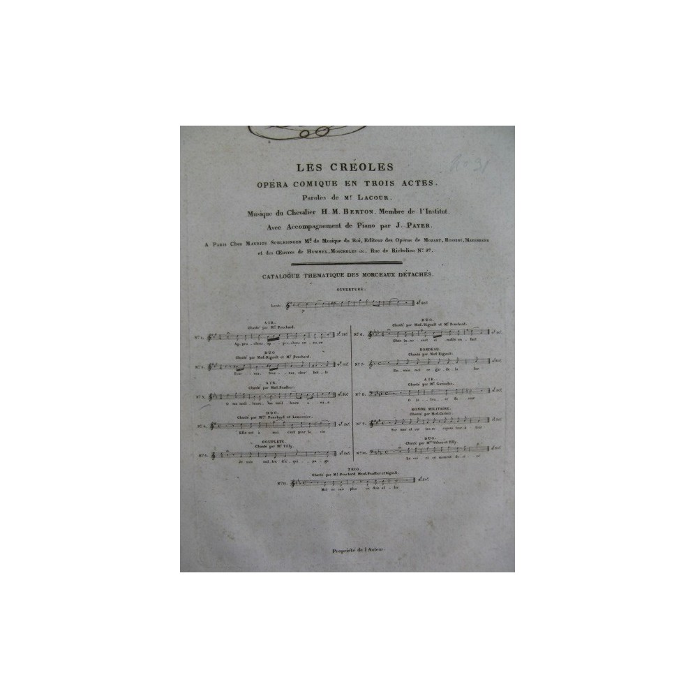 BERTON H. M. Les Créoles No 3 Chant Piano ca1830