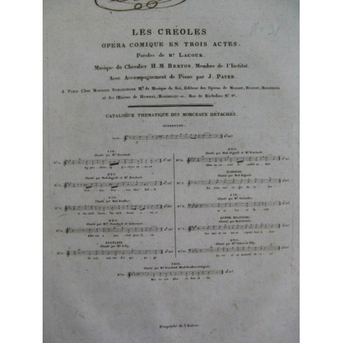 BERTON H. M. Les Créoles No 3 Chant Piano ca1830