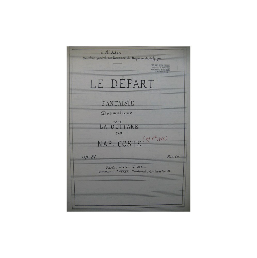 COSTE Napoléon Le Départ op 31 Manuscrit Guitare