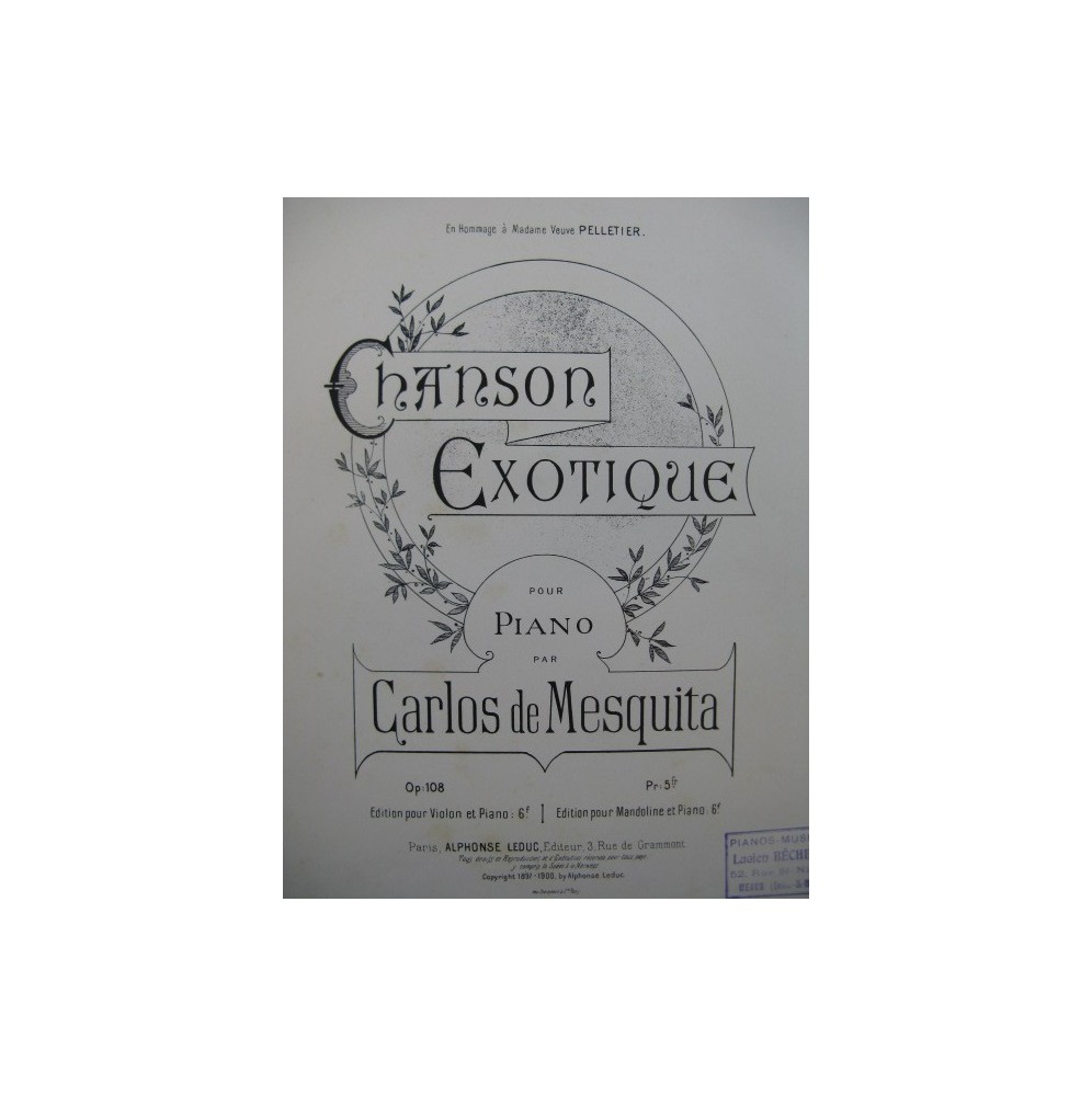 DE MESQUITA Carlos Chanson Exotique Mandoline Piano 1900