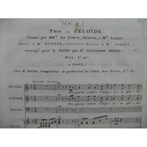LEBRUN Louis Sébastien Zéloïde No 9 Trio Chant Piano ca1820