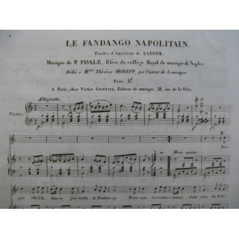 FAVALE P. Le Fadango Napolitain Chant Piano ca1840
