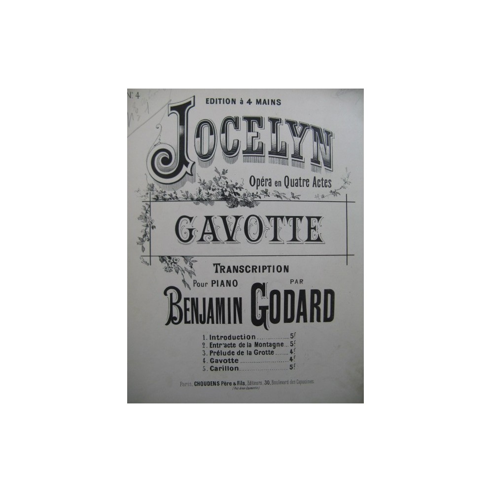 GODARD Benjamin Jocelyn Gavotte Piano 4 mains ca1888