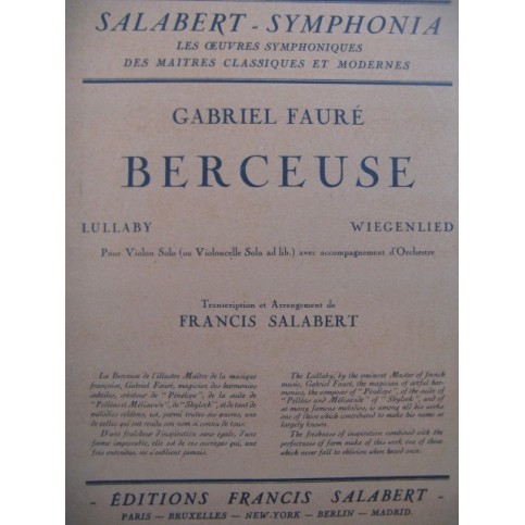 FAURÉ Gabriel Berceuse Orchestre 1927