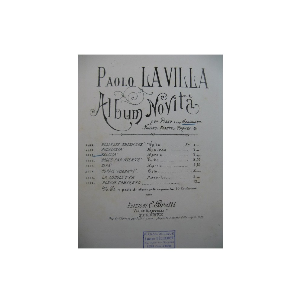 LA VILLA Paolo Felicia Marcia Piano Mandoline ou Violon 1897