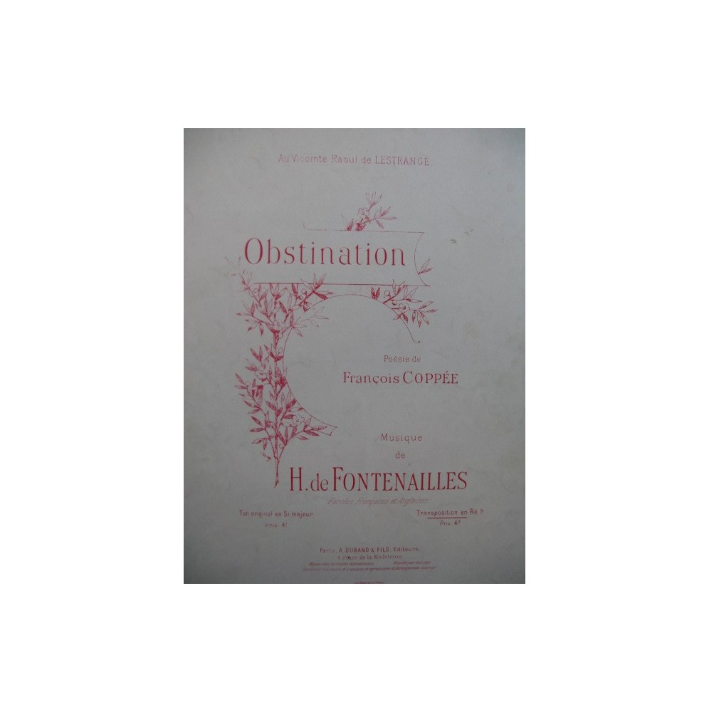 DE FONTENAILLES H. Obstination Piano Chant 1929
