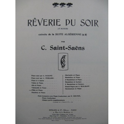 SAINT-SAËNS Camille Rêverie du Soir Suite Algérienne Piano Flûte 1967