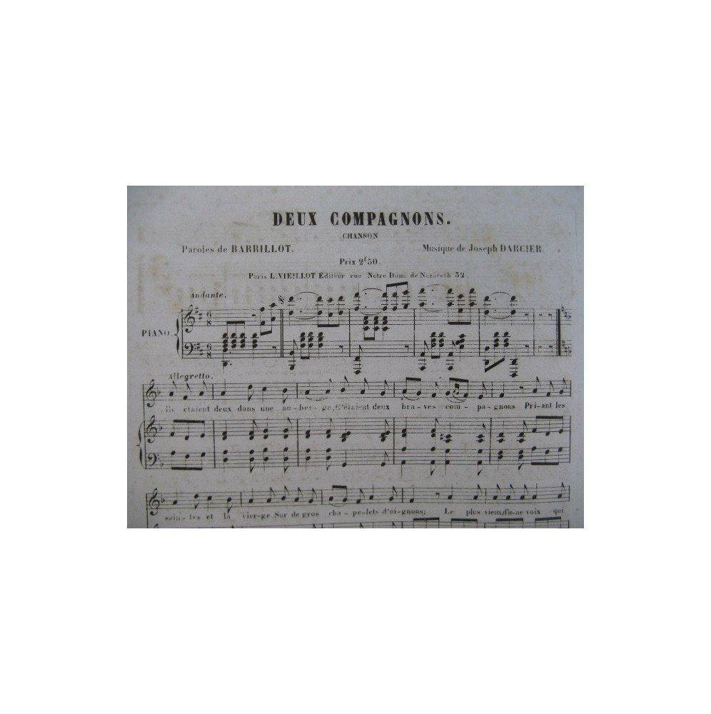 DARCIER Joseph Deux Compagnons Chant Piano ca1850