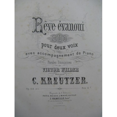 KREUTZER C. Reve evanoui Duo Chant Piano ca1880