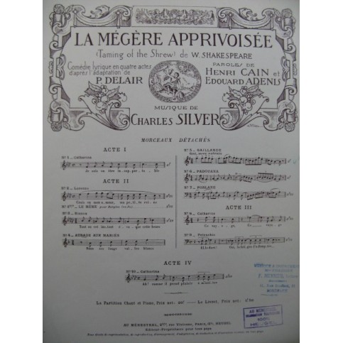 SILVER Charles La Mégère Apprivoisée No 5 Chant Piano 1922