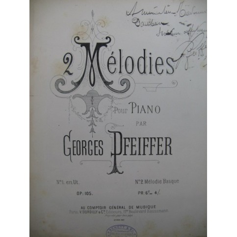 PFEIFFER Georges 2 Mélodies Dédicace Piano XIXe