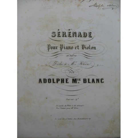 BLANC Adolphe Sérénade Dédicace Violon Piano XIXe
