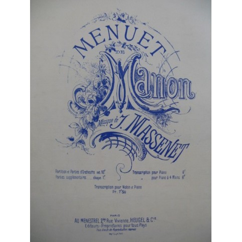 MASSENET Jules Manon Menuet Acte 3 Piano 4 mains 1892