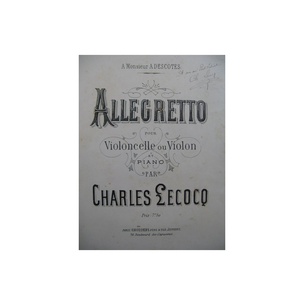 LECOCQ Charles Allegretto Dédicace Piano Violon ou Violoncelle ca1885