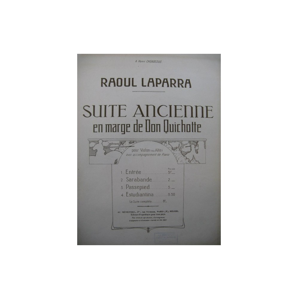 LAPARRA Raoul Suite Ancienne Sarabande Piano Alto ou Violon 1921