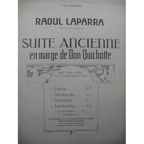 LAPARRA Raoul Suite Ancienne Sarabande Piano Alto ou Violon 1921