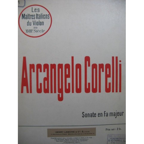 CORELLI Arcangelo Sonate en Fa Majeur Violon Piano 1913