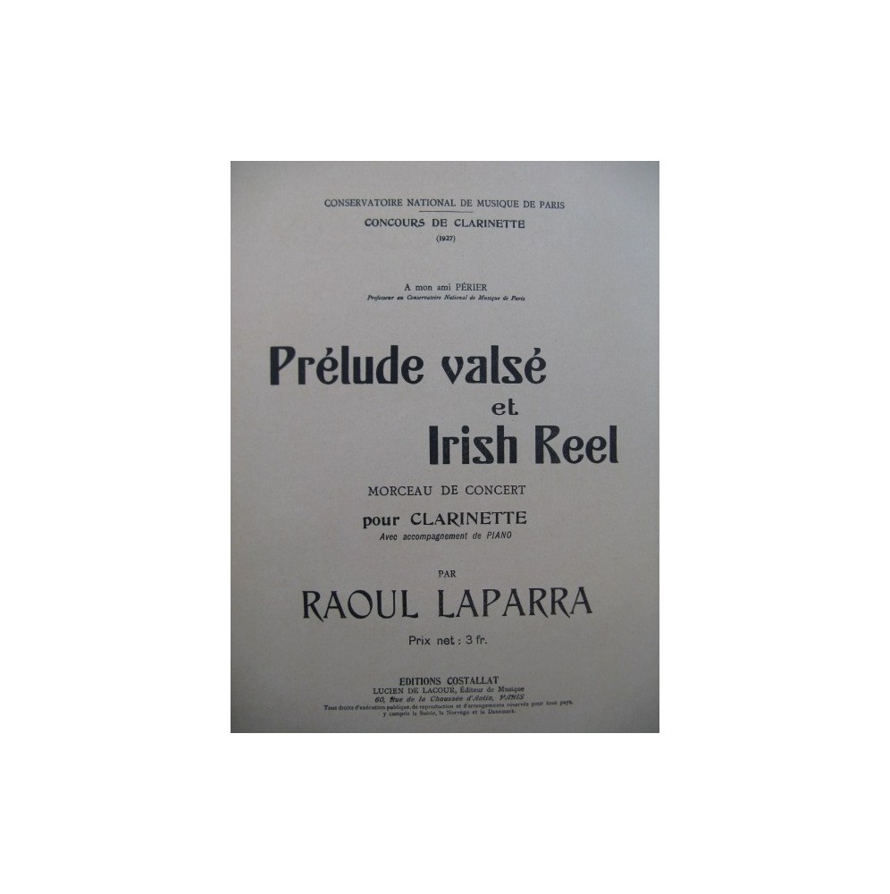 LAPARRA Raoul Prélude valsé et Irisch Reel Clarinette Piano 1927