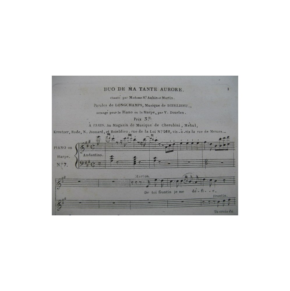 BOIELDIEU Adrien Duo de Ma Tante Aurore Chant Piano ou Harpe ca1810