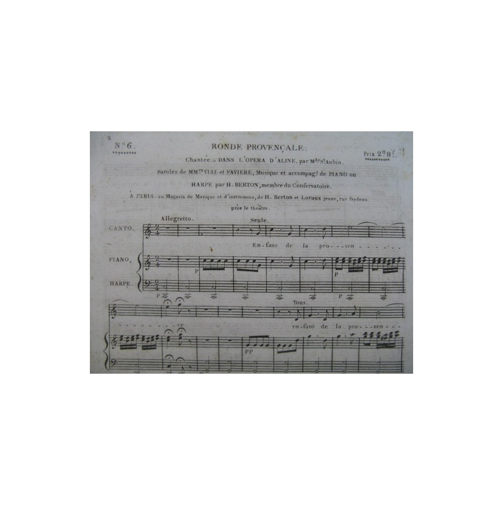 BERTON H. Ronde Provençale Opera Aline Chant Harpe ou Piano ca1810