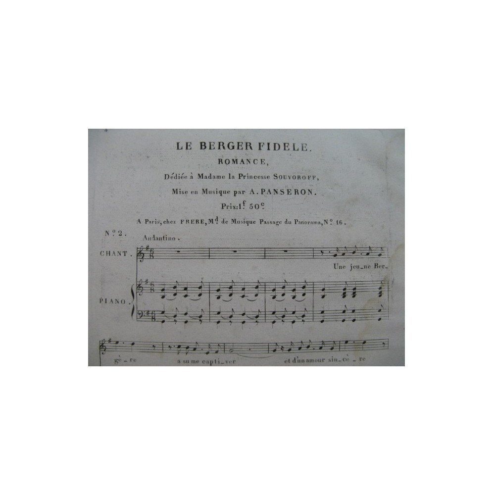 PANSERON Auguste Le Berger Fidèle Dédicace Chant Piano ca1830