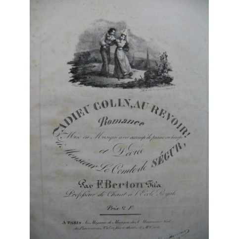 BERTON F. Fils Adieu Colin Au Revoir Chant Piano ou Harpe ca1830