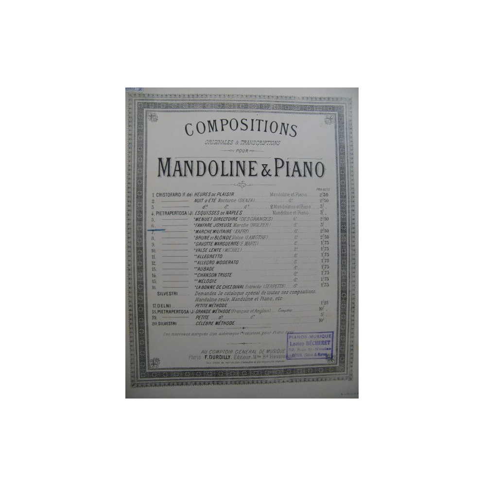 PIETRAPERTOSA J. Fanfare Joyeuse Piano Mandoline XIXe