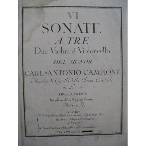 CAMPIONE Carl Antonio 6 Sonate a tre Trios op 1 Violon ca1770