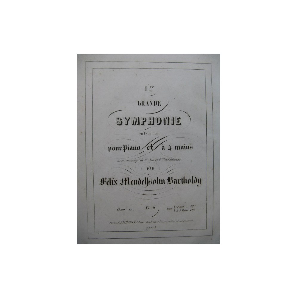 MENDELSSOHN Grande Symphonie No 1 Piano 4 mains ca1850