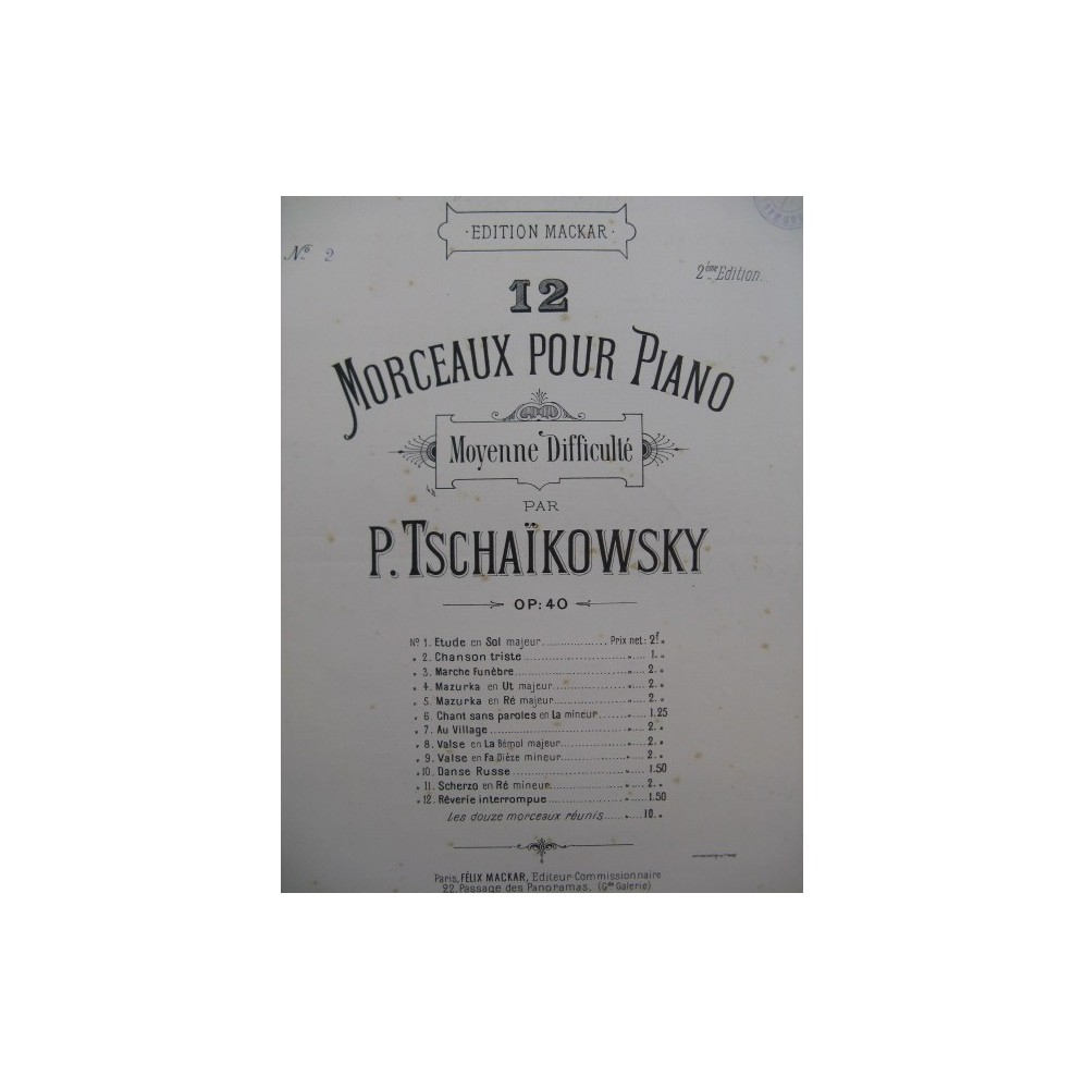 TSCHAÏKOWSKY P. Chanson Triste Piano 1886