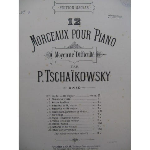 TSCHAÏKOWSKY P. Chanson Triste Piano 1886