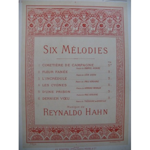 HAHN Reynaldo L'Incrédule Chant Piano ca1894