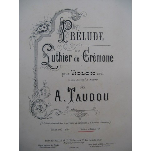 TAUDOU A. Prélude du Luthier de Crémone Violon Piano 1888
