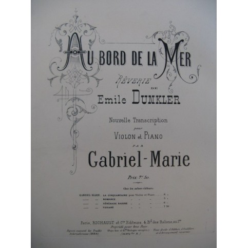 DUNKLER Emile Au bord de la Mer Rêverie Violon Piano 1889