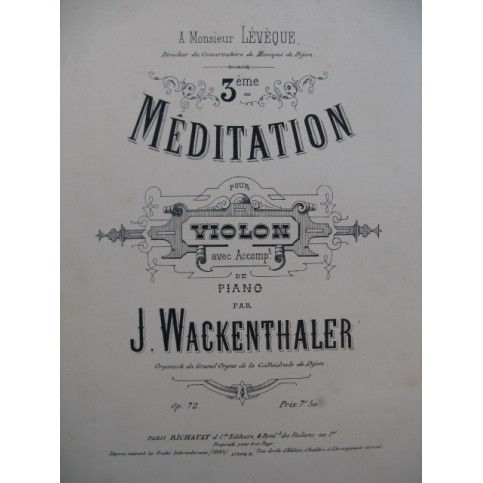 WACKENTHALER J. 3e Méditation Violon Piano 1885