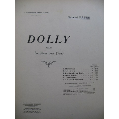 FAURÉ Gabriel Dolly Piano 4 mains 1928