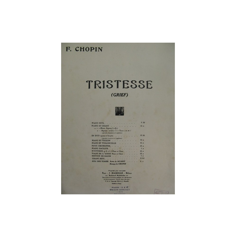 CHOPIN Frédéric Tristesse Chant Piano 1942