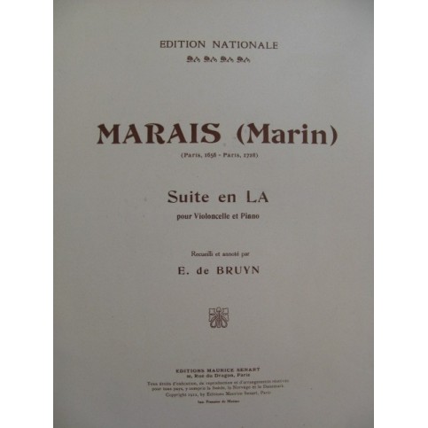 MARAIS Marin Suite en La Violoncelle Piano 1922