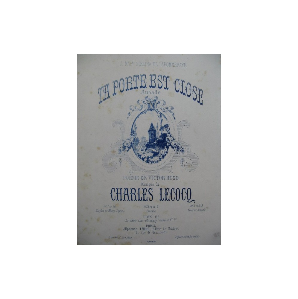 LECOCQ Charles Ta Porte est close Aubade Chant Piano ca1877