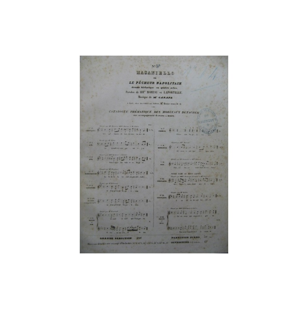 CARAFA Michele Masaniello Opera No 5 Chant Piano ca1845