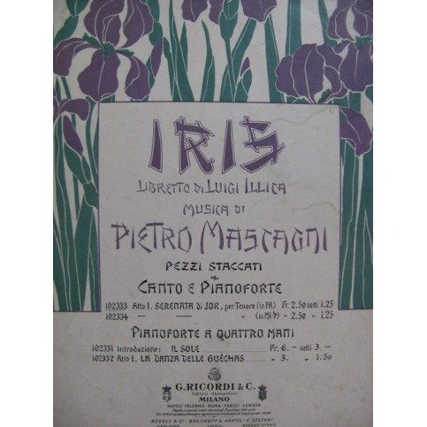 MASCAGNI Pietro Iris Serenata di Jor Chant Piano 1898