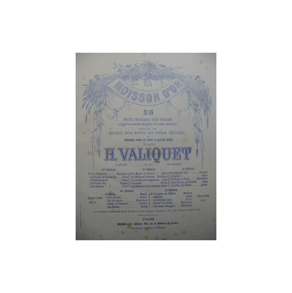 VALIQUET H. Fra Diavolo Auber Piano 4 mains 1862