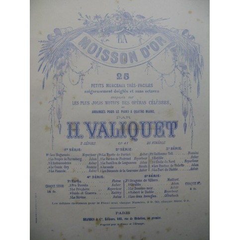 VALIQUET H. Fra Diavolo Auber Piano 4 mains 1862