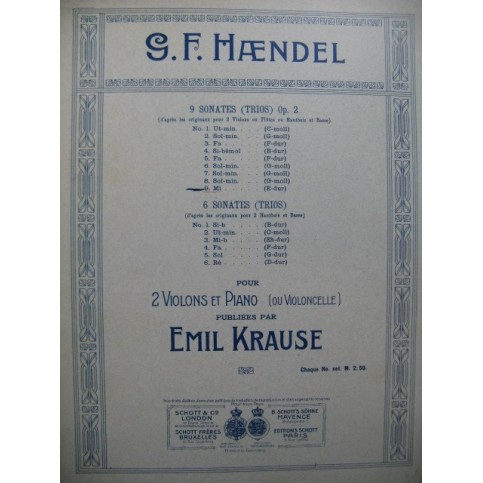 HAENDEL G. F. Sonate a Tre No 9 pour 2 Violons et Piano ou Violoncelle