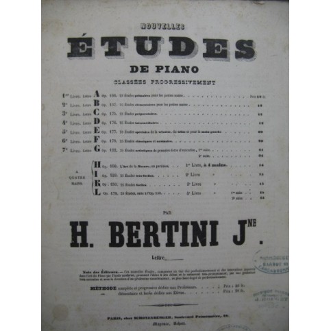 BERTINI Henri 25 Etudes intermédiaires op 176 Piano XIXe