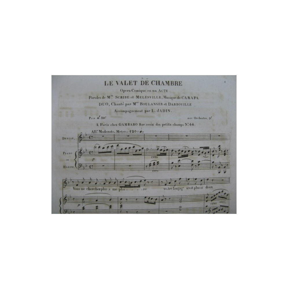 CARAFA Michele Le Valet de Chambre Opéra No 2 Duo Chant Piano ou Harpe ca1820