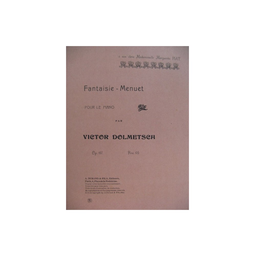 DOLMETSCH Victor Fantaisie Menuet Piano 1897