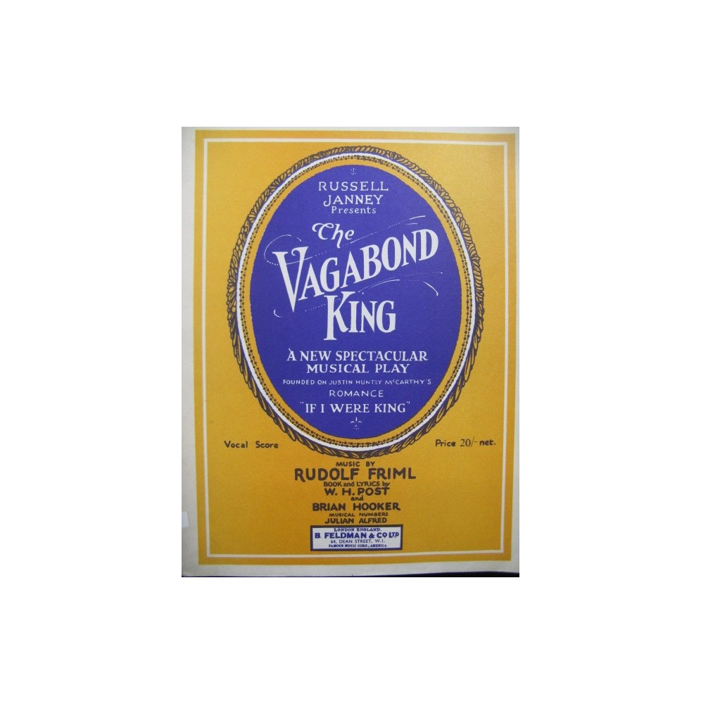 FRIML Rudolf The Vagabond King Chant Piano 1926