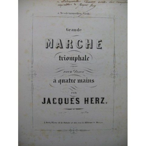 HERZ Jacques Grande Marche Triomphale Dédicace Piano 4 mains XIXe