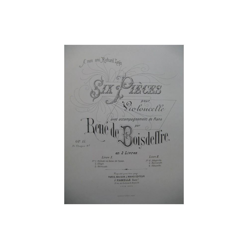 DE BOISDEFFRE René 3 Pièces Violoncelle Piano ca1880